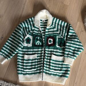 BDG Green and White Striped -crocheted detail zipper cardigan